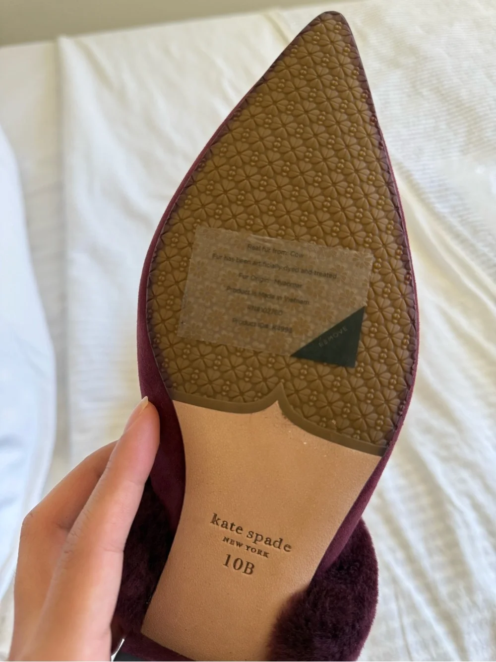 kate spade Wine Suede Pointed-Toe Fur-Trim Mules